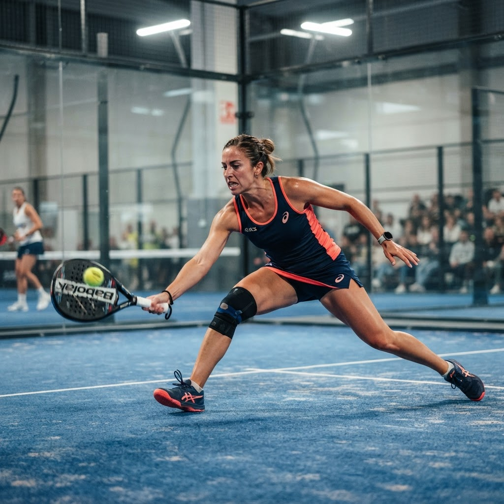 Padel player lunging to hit an optic yellow ball on an indoor padel court